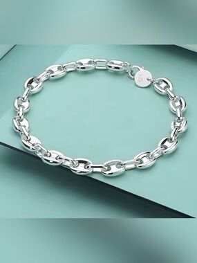 925 Sterling Silver Coffee Bean Link Bracelet Chunky Statement Chain Jewelry